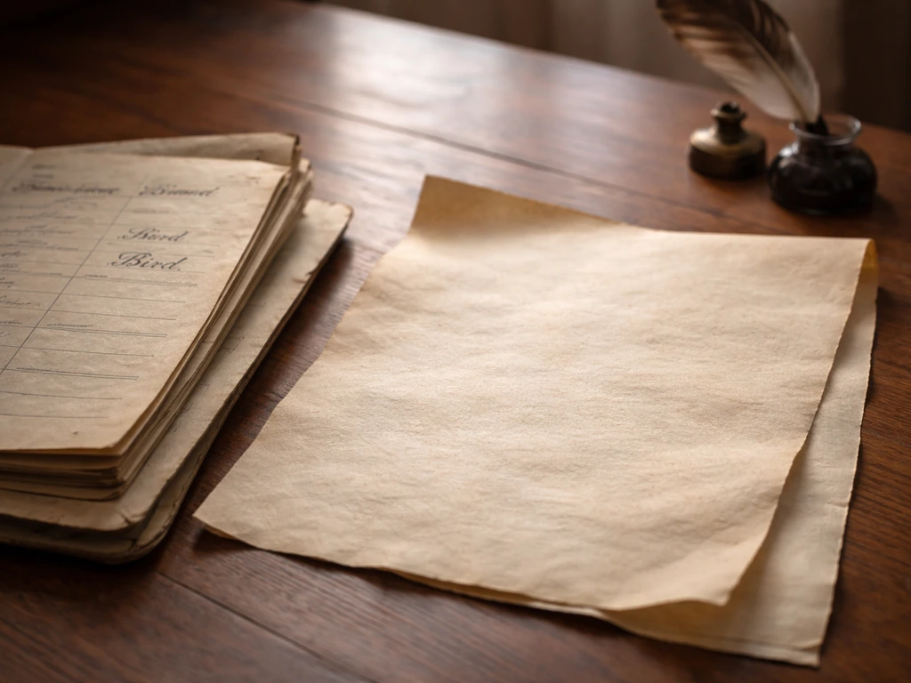 Open parchment manuscript and archival surname records on a wooden desk with the word “Bird” visible