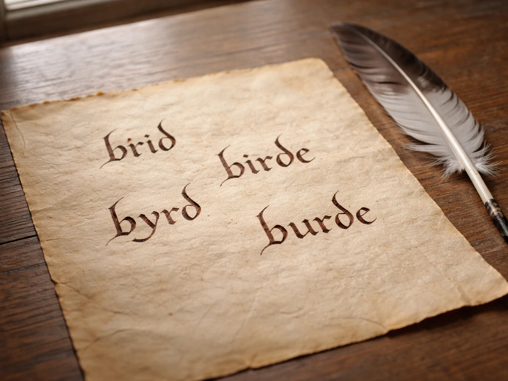 Weathered parchment with medieval-style handwriting showing variant forms of a word like brid, birde, byrd, burde.