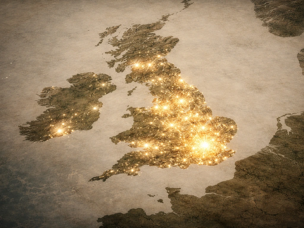 Minimal map-like view with soft dots clustered over England and a small cluster over Ireland, no text.