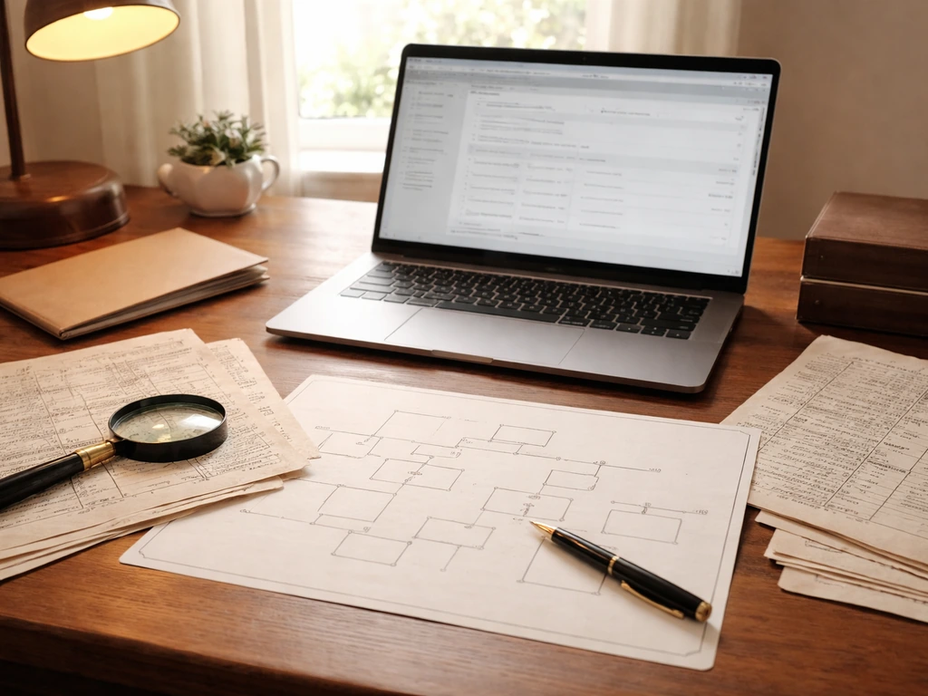 Minimal desk scene with old genealogy paperwork, a simple family tree sheet, and a computer search screen mockup.