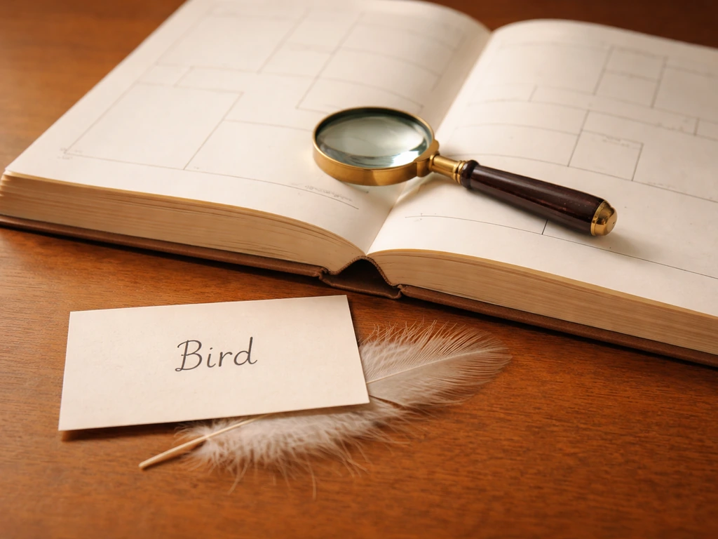 Open genealogy book beside magnifying glass and a Bird surname card with subtle feather motif