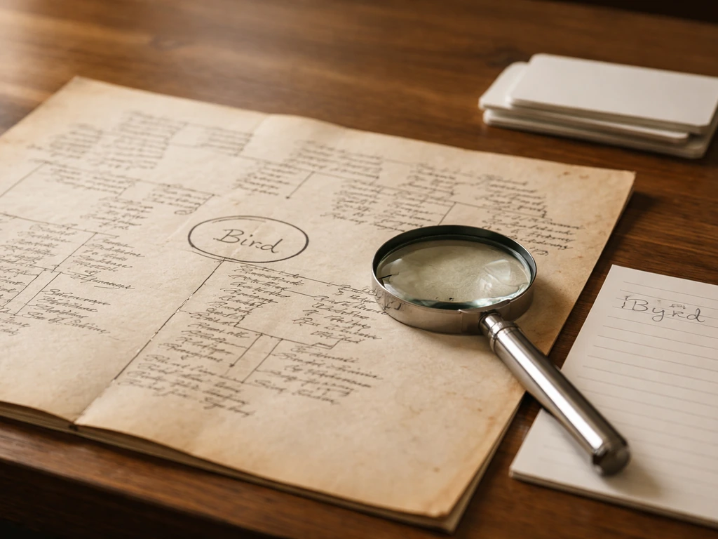 Open old family tree document with Bird circled, magnifying glass, and blank surname cards on a desk.