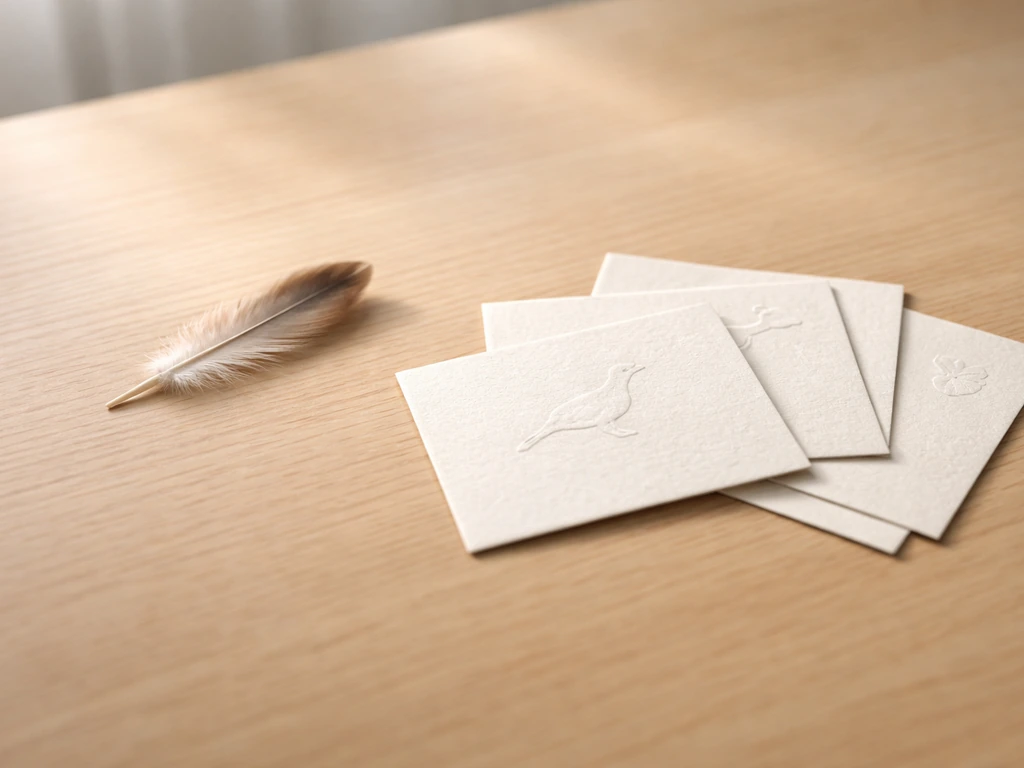 Minimal desk scene with a single feather and a small set of bird-themed surname cards, suggesting confusion