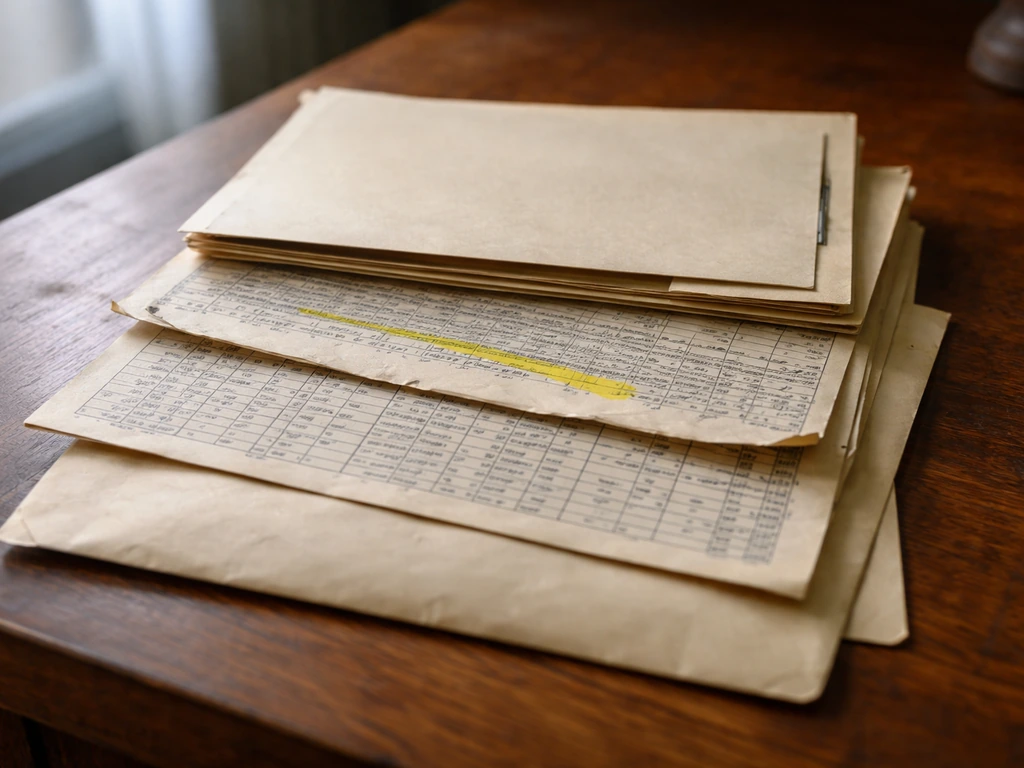 Stack of genealogy records on a wooden table, with a single highlighted line on a key sheet.
