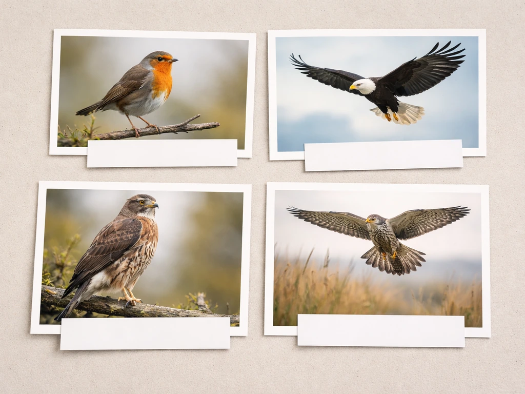 Minimal collage of robin, eagle, hawk, and falcon on blank cards, photographed in natural light.