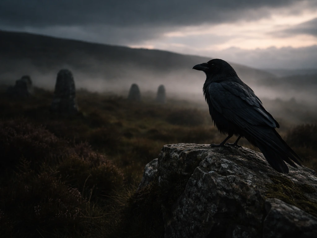 Moody landscape with a raven silhouette perched on a rocky outcrop at dusk, atmospheric and Celtic-like.