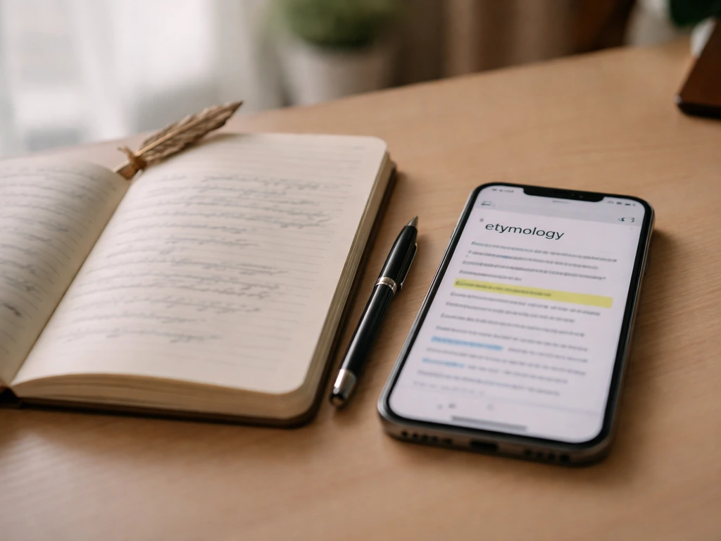 Close-up of a notebook and phone showing etymology lookup for a bird-related name.
