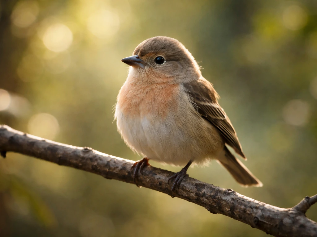 A finch-like bird perched on a branch in natural morning light with soft forest background bokeh.
