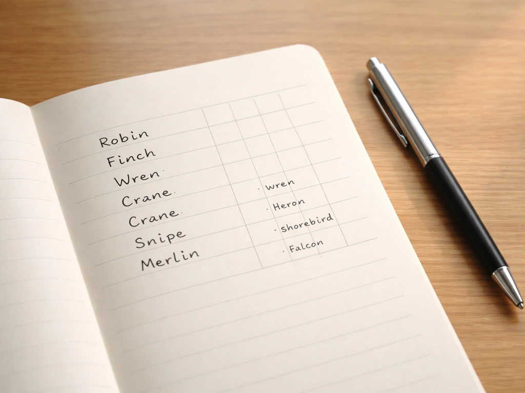 Minimal desk scene with a small notepad listing example 5-letter bird names and their details