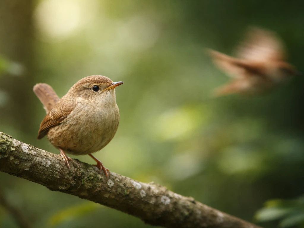 Close-up of a wren perched on a branch with a softly blurred green forest background.