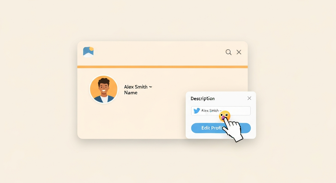 Illustrated social profile card showing 'Alex Smith 🐦' in the Name field with an Edit profile modal and a bird emoji being inserted.