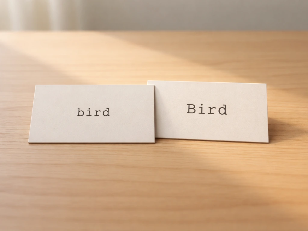 Minimal split-screen photo showing a lowercase word transforming to an uppercase version on a desk.