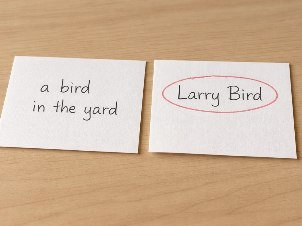 Two clean notecards side by side showing a generic noun and a proper noun with capitalization emphasized