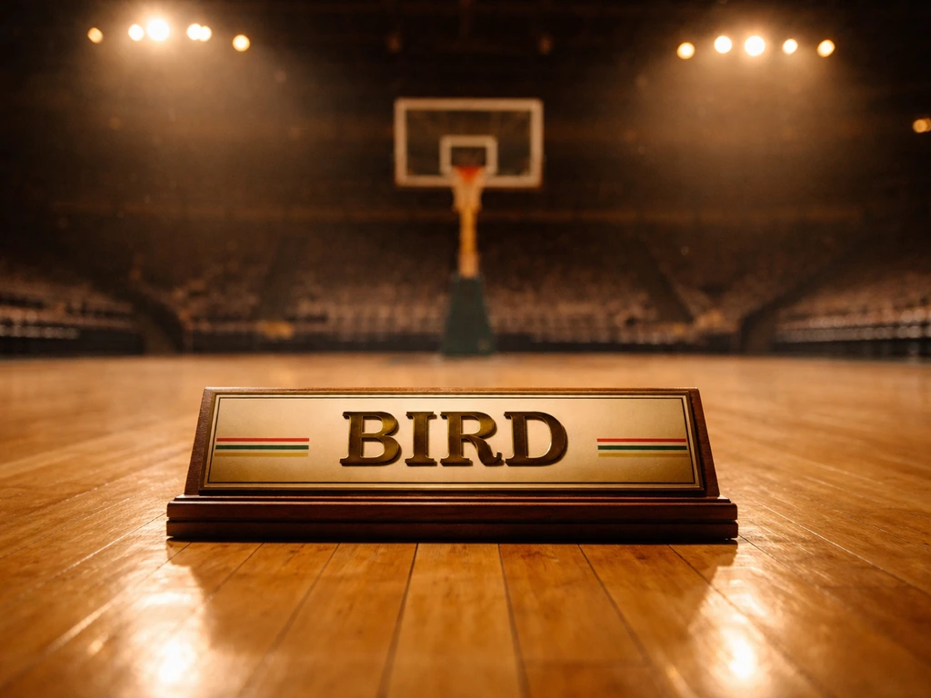 Vintage basketball court with a display stand featuring a “BIRD” nameplate.