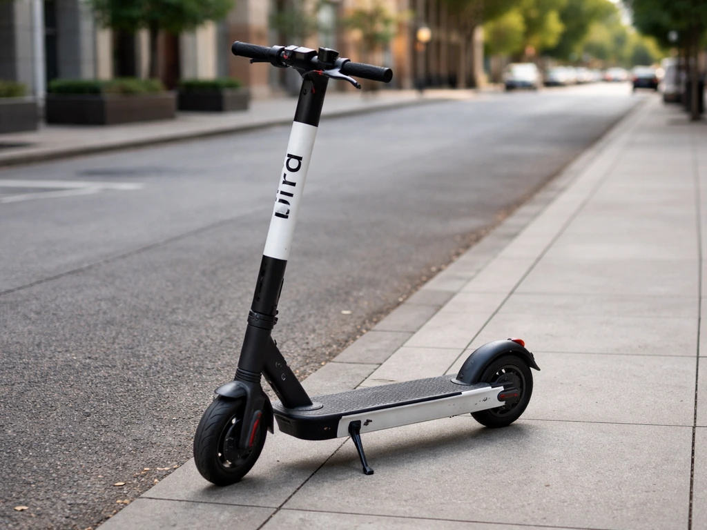 Close-up of a Bird electric scooter with visible Bird branding on the scooter body.