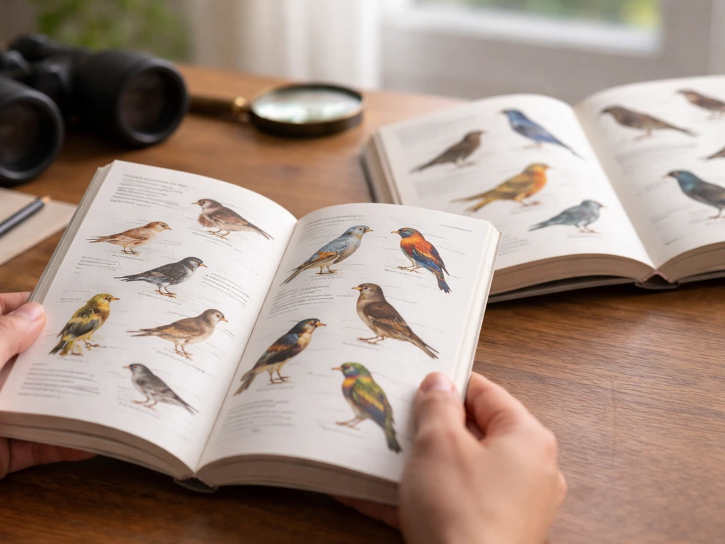 Close-up of two open field guides showing bird names with different capitalization, no readable text