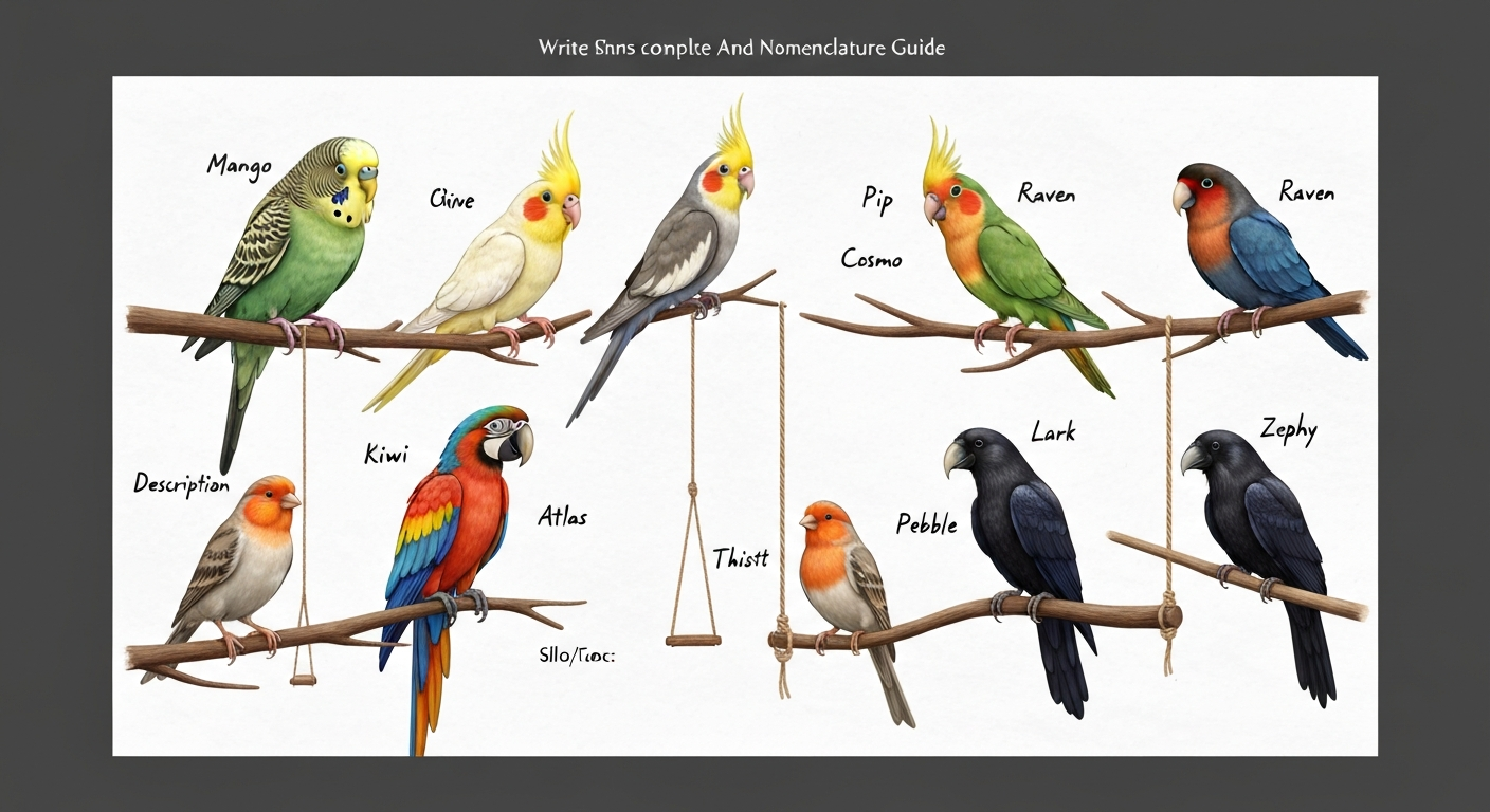 Illustration of diverse pet and wild birds (budgie, cockatiel, lovebird, macaw, canary, raven) each with small name tags reading Mango, Pip, Cosmo, Raven, Kiwi, Atlas, Thistle, Pebble, Lark, Zephyr.