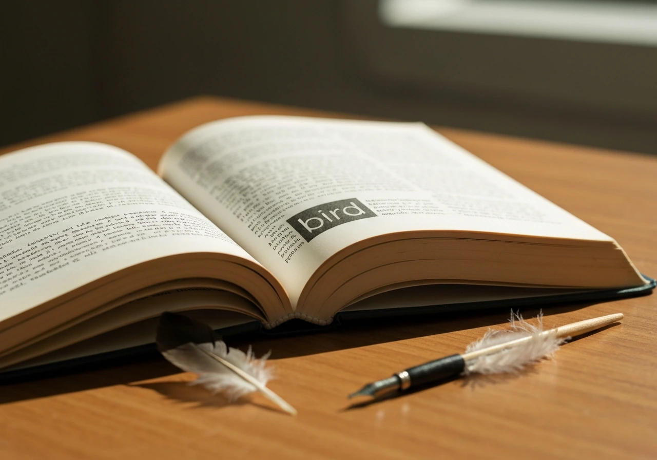 Open etymology dictionary on a desk with feather and ink-stained quill beside it
