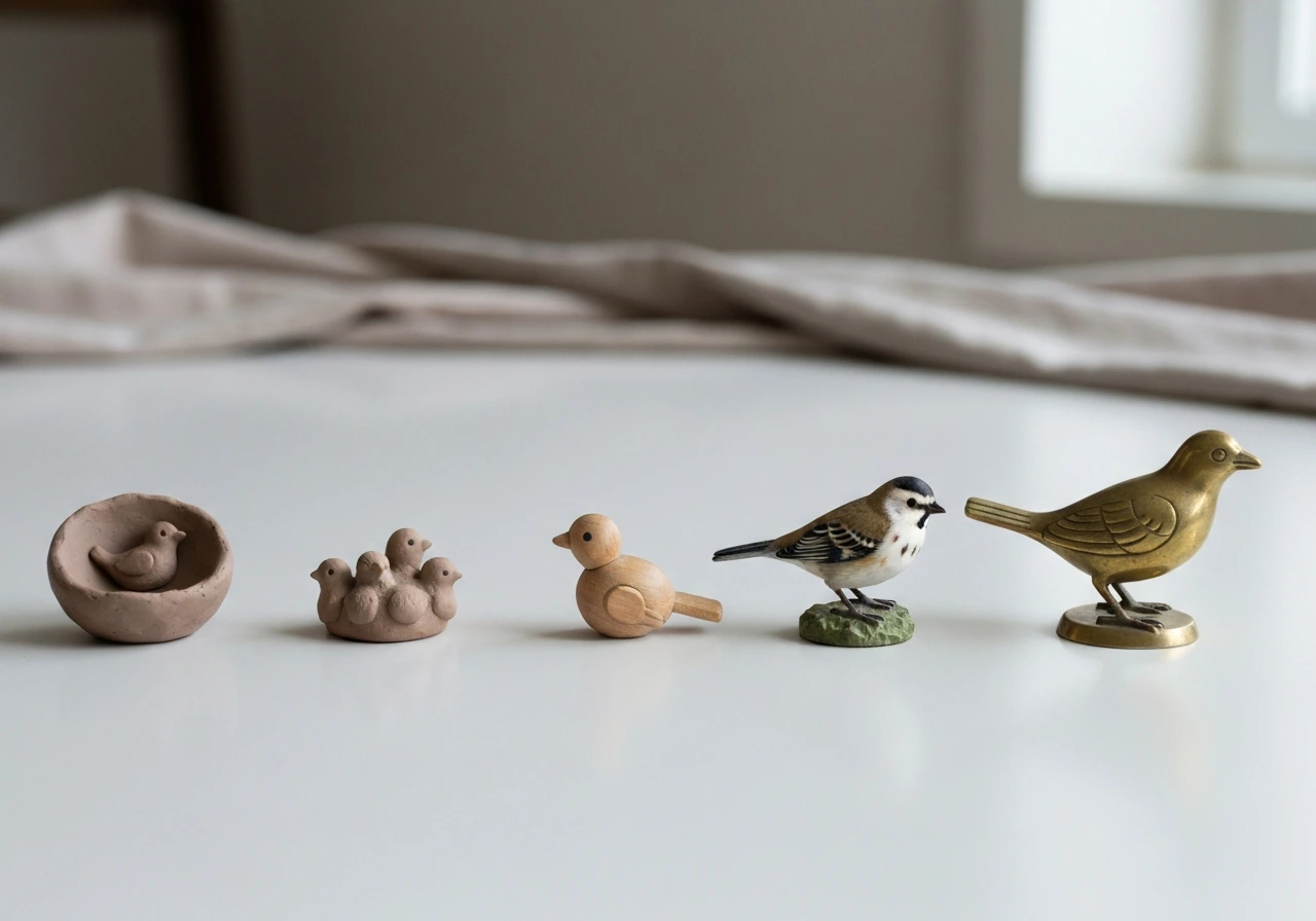 Tabletop row of small nest and bird figurines progressing from baby hatchlings to a general bird figure.