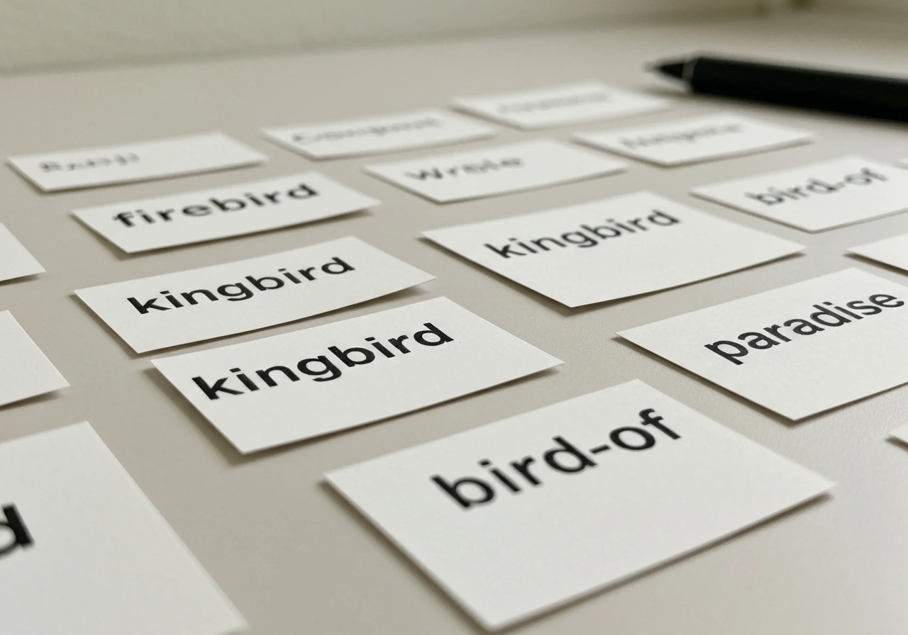 Minimal photo-style collage of compound bird-name tiles like firebird and kingbird, arranged neatly.