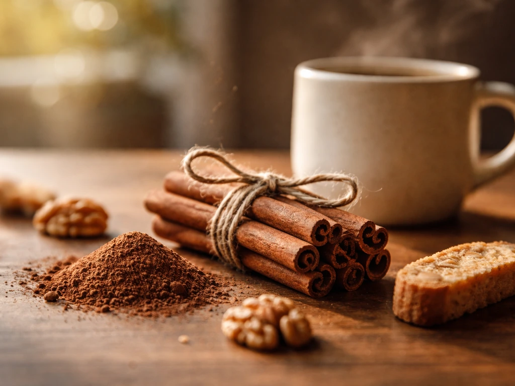 Close-up of cinnamon sticks, cocoa powder, and a warm mug-like prop on a wooden autumn table.