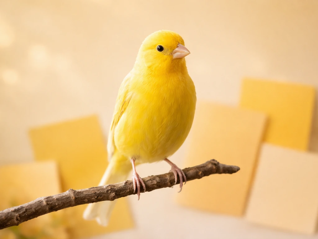 Bright yellow/golden bird perched on a simple golden background next to blurred color-matching name cards.