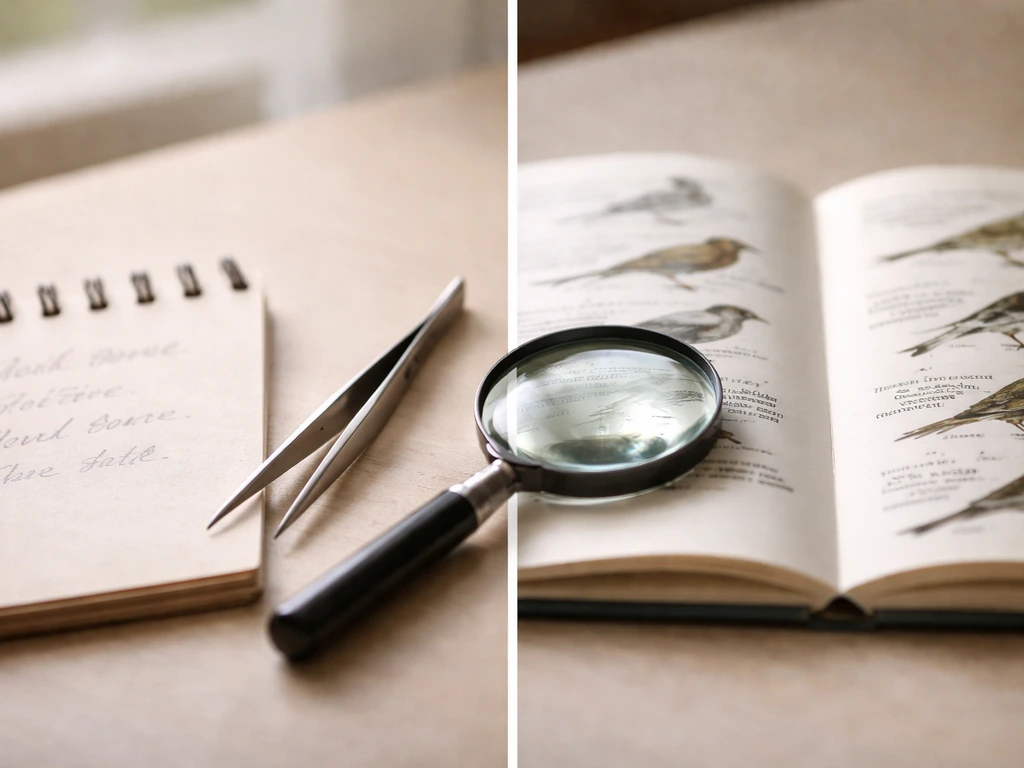 Minimal split tabletop scene hinting common bird names versus Latin scientific names under a magnifying glass.