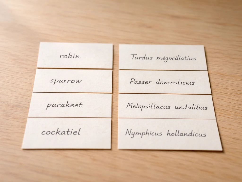 Minimal desk scene with four handwritten bird common names and matching Latin scientific names on small cards