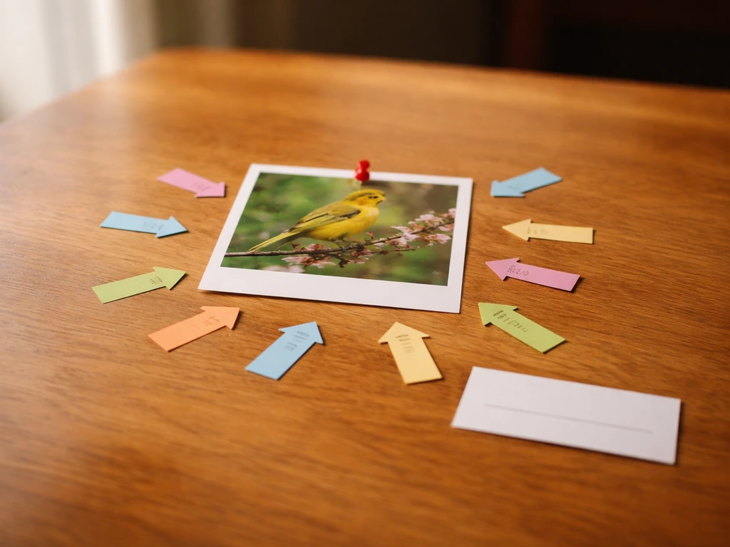 Bird photo on a table with multiple blank stickers pointing to it, suggesting different common names.