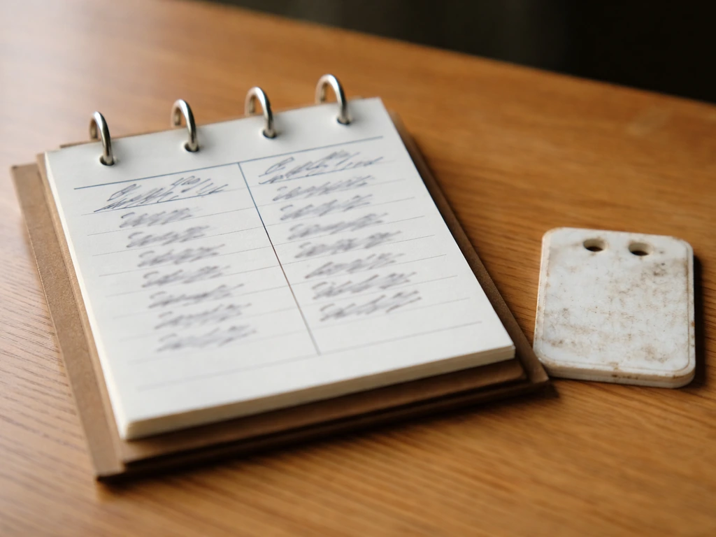 Close-up of bird paperwork showing a notepad and a bird identification tag on a wooden table.