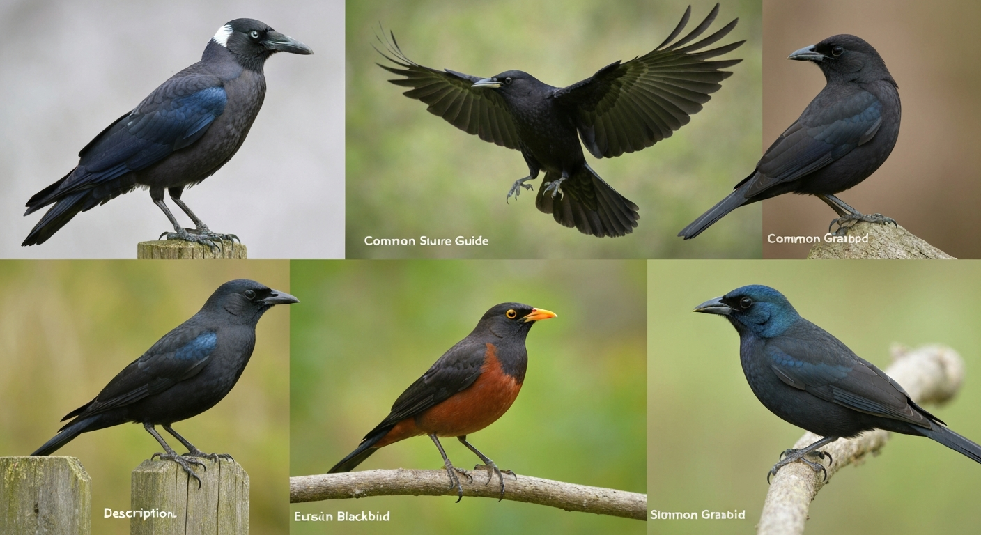 Collage of common black birds: American Crow on a fence, Common Raven in flight (wedge tail), male Eurasian Blackbird showing orange bill, and Common Grackle with iridescent head and long tail.