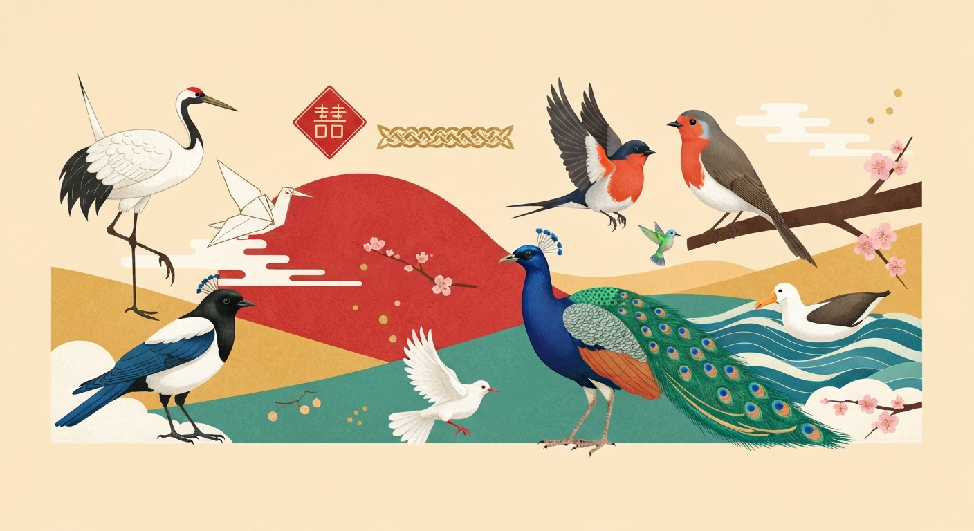 Stylized collage of lucky birds from world traditions (crane, robin, swallow, magpie, peacock, dove, hummingbird, albatross) with cultural motifs like origami crane and a Chinese 'fu' seal, in warm illustrative style.
