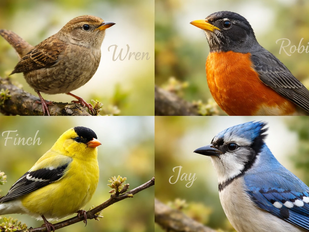 Collage of several bird species with human-sounding name spellings overlayed in soft-focus