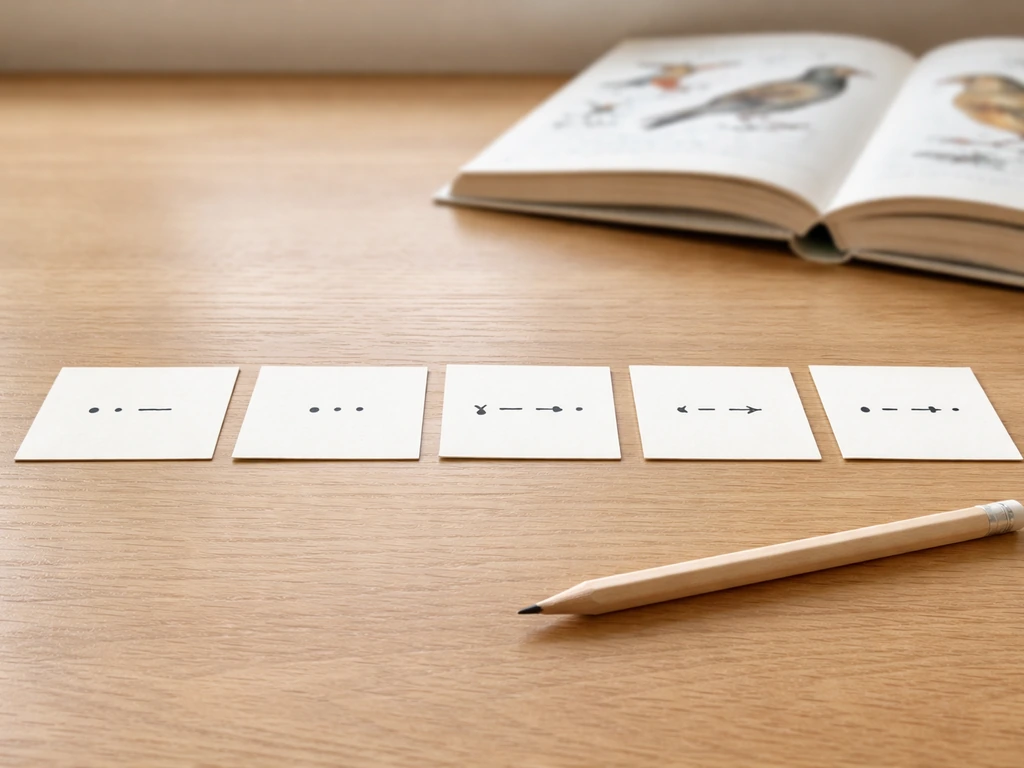Minimal desk scene showing small note cards with dot-and-dash markings for syllable stress patterns.