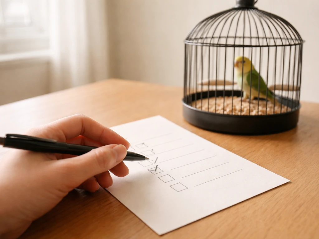 Close-up of a hand ticking off a simple checklist beside a calm pet birdcage, suggesting choosing a bird name