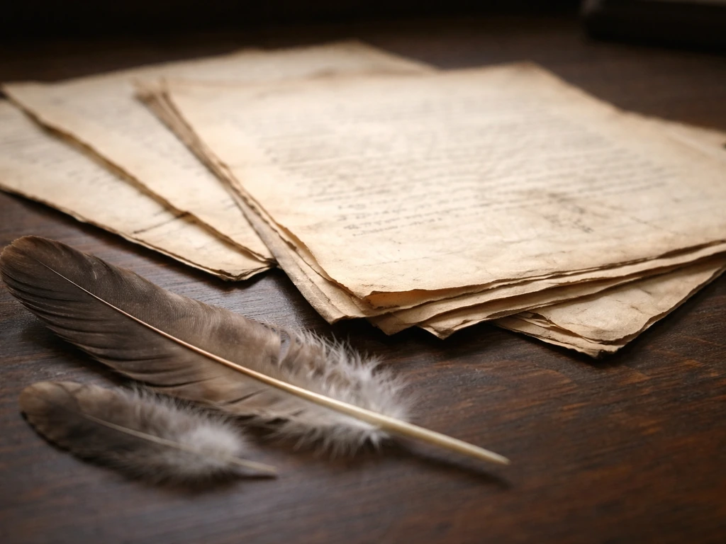 Close-up of vintage surname documents with bird feathers on a wooden desk.
