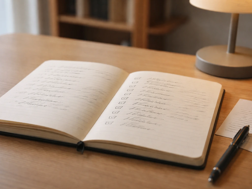 Close-up of a research desk with a surname spelling notes sheet, pen, and variant forms with checkboxes