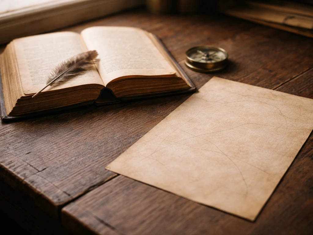 Open old book with a feather on a wooden desk, subtle parchment lines suggesting language history.