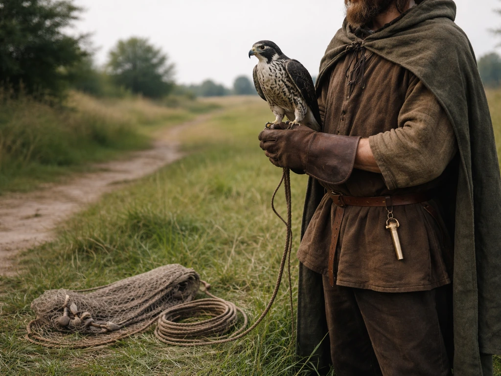 Medieval falconer in simple attire handling a falcon and fowling net beside a small countryside path