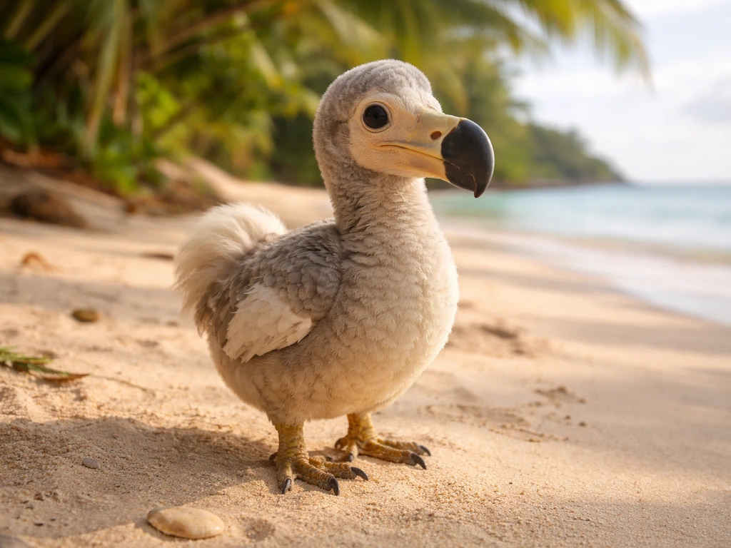 Elegant dodo bird standing on a sandy island shore with subtle tropical foliage behind it
