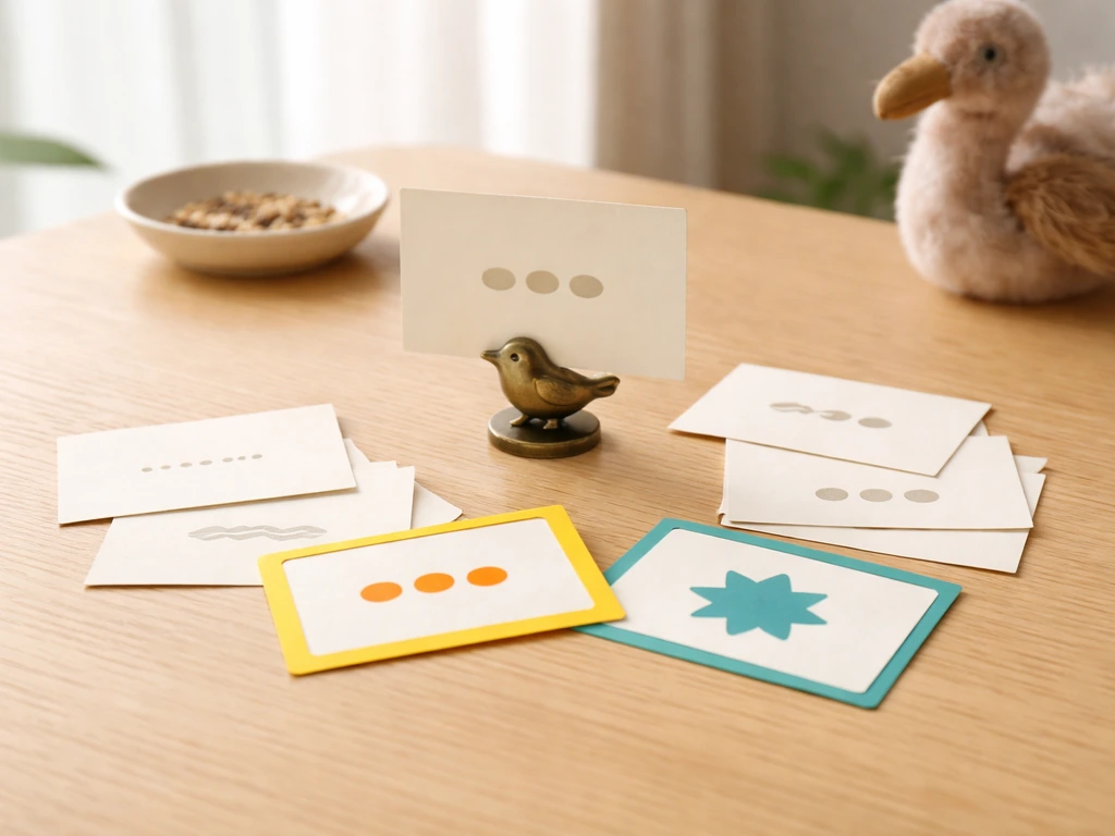 Minimal tabletop scene with small blank name cards showing short 1–2 syllable bird name options for easy calling