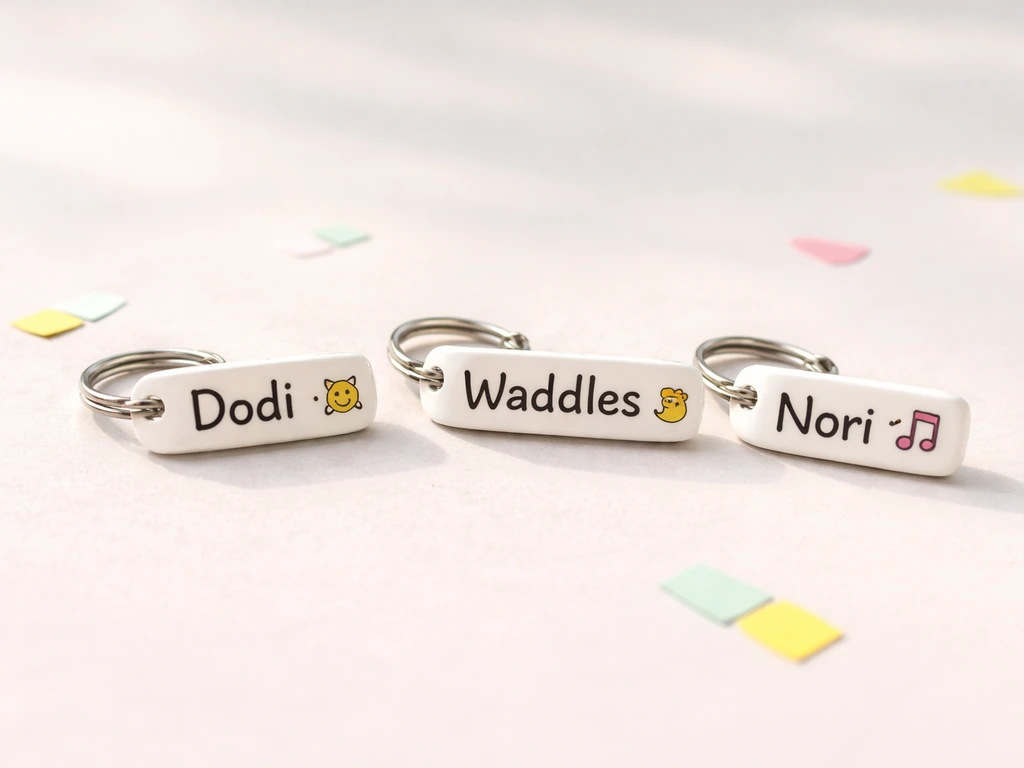 Playful row of small pet ID-style name tags with cute icons in a rock-pop vibe