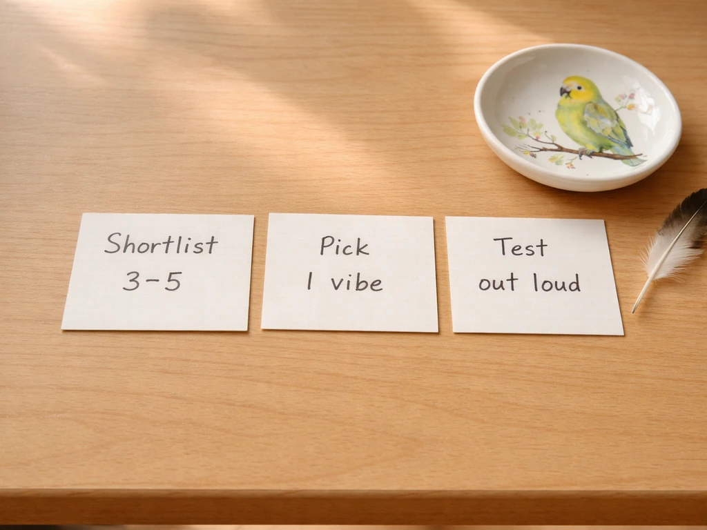 Close-up of three simple cards on a wooden table showing steps to shortlist and test a bird name out loud.