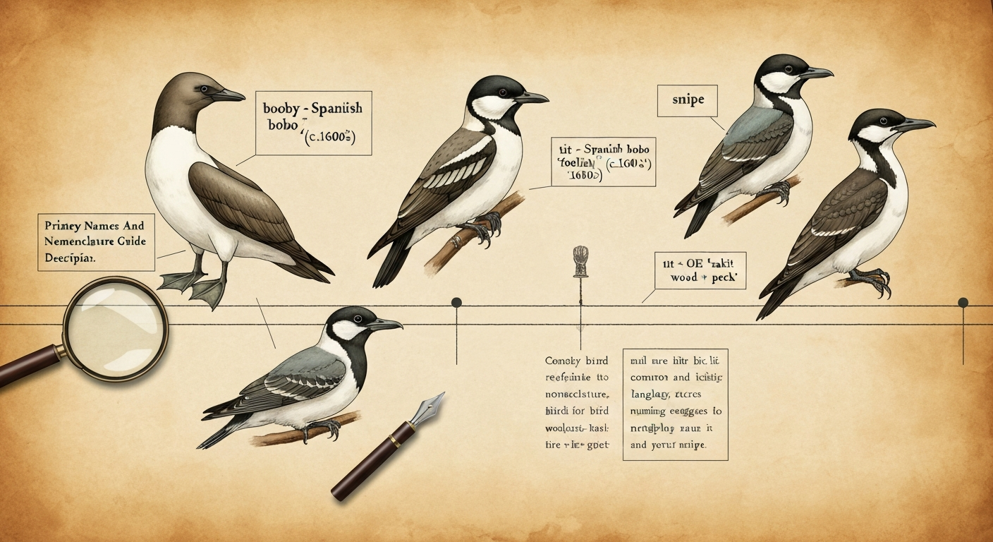 Illustrated collage of several birds (booby, tit/titmouse, woodpecker, shag, kittiwake, snipe) on parchment with a timeline and small label callouts showing brief etymologies; magnifying glass and quill suggest historical linguistics.