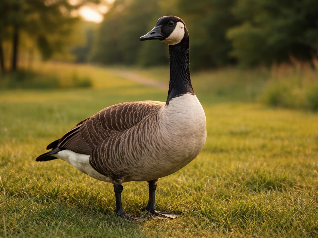 A detailed realistic goose on grass in a simple countryside setting, posed to suggest “gander” cues.
