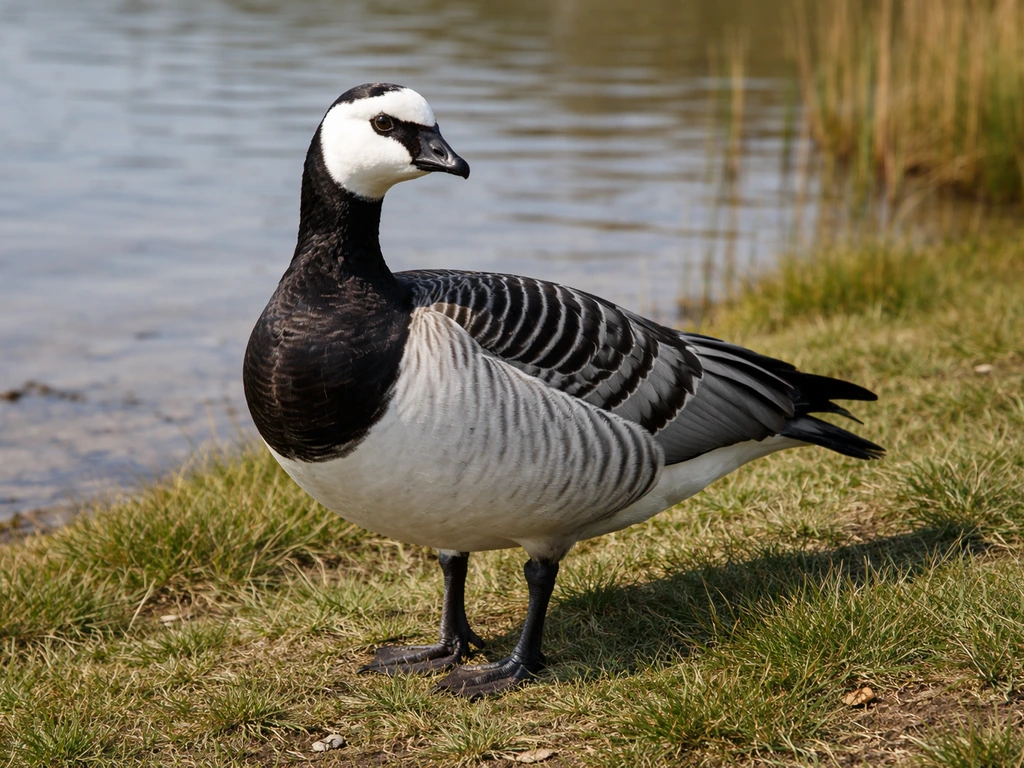 Barnacle goose standing on a grassy shoreline with shallow water behind it.