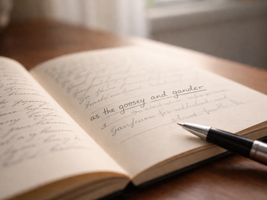 Close-up of handwritten notes with words “goosey” and “gander” highlighted in ink on a desk