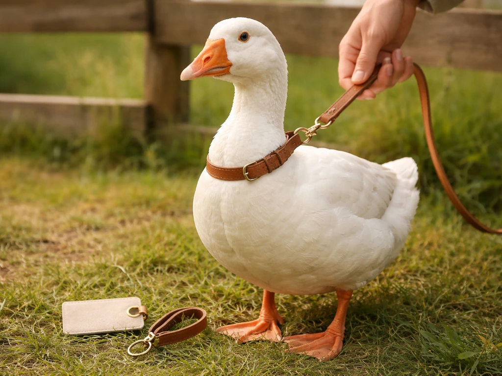 Calm domestic goose outdoors with a blank tag and leash, suggesting playful name choices.