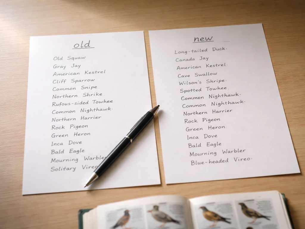 Two neat paper sheets labeled old and new bird lists on a desk with a pen and birdwatching notebook