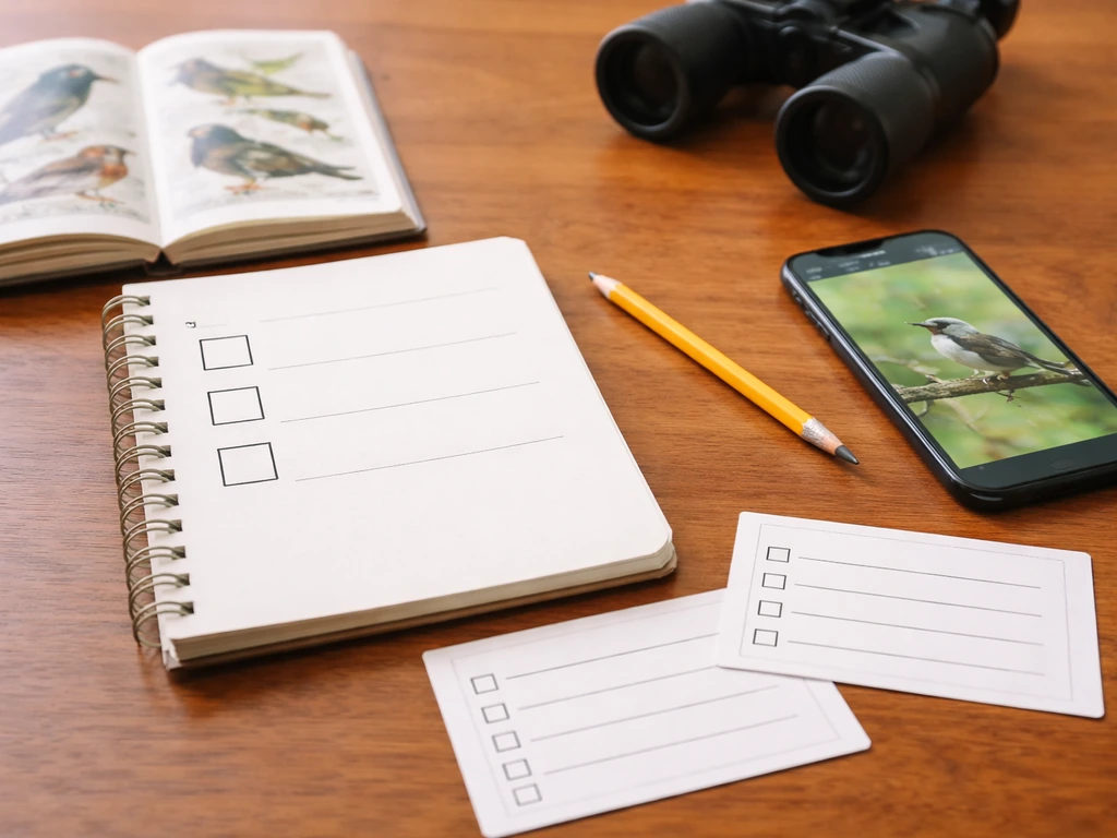 Minimal desk scene with a notebook, pencil, field guide, binoculars, and a phone—suggesting a bird-name verification wor